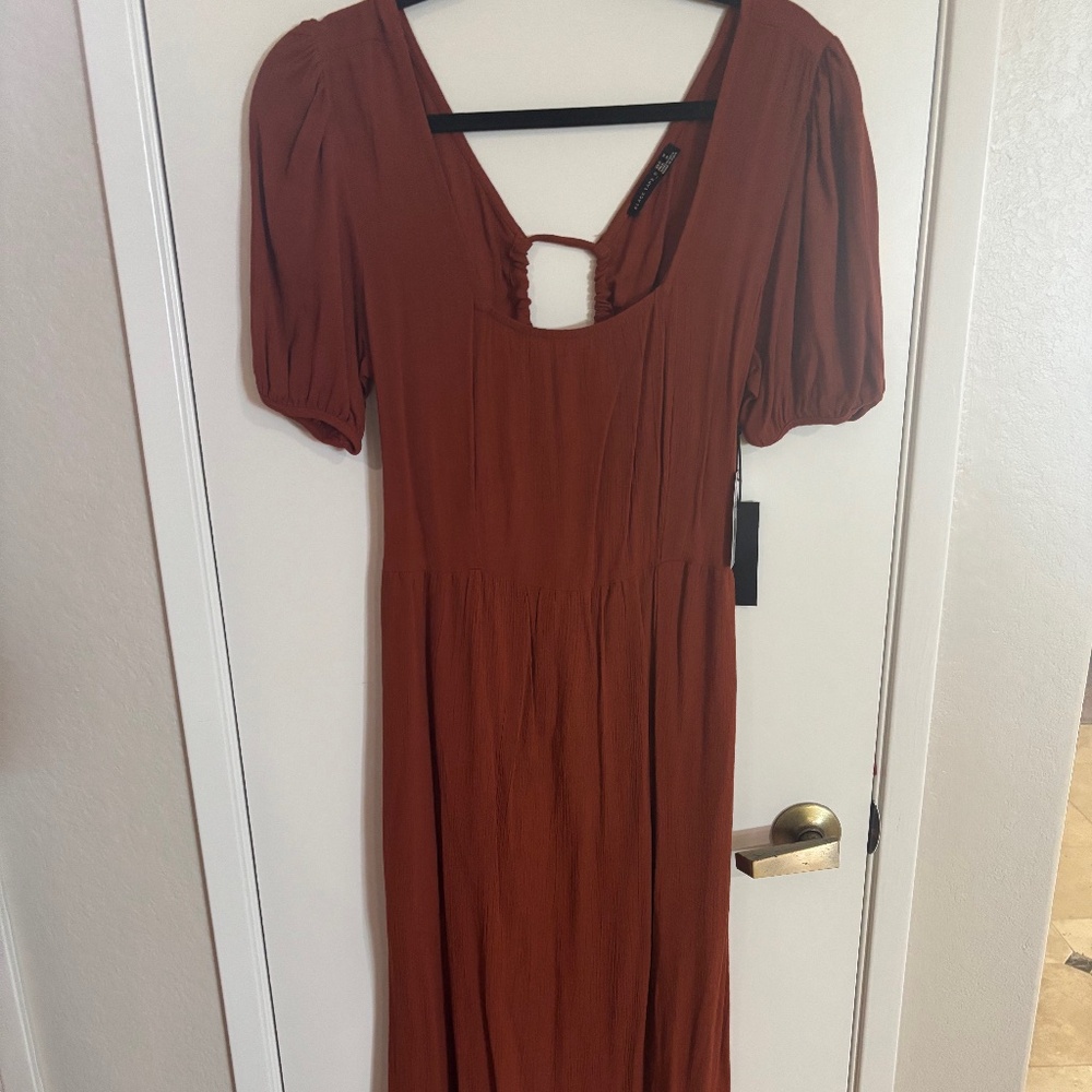 Womens Orange Woven Scoop Neck Midi